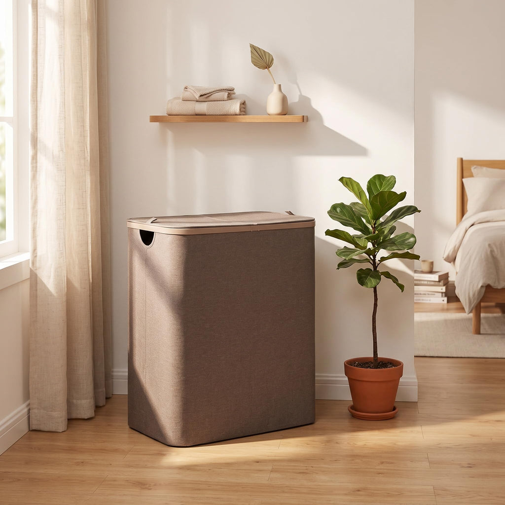 160L Double Laundry Basket Hamper with Lid & Removable Bags, Khaki