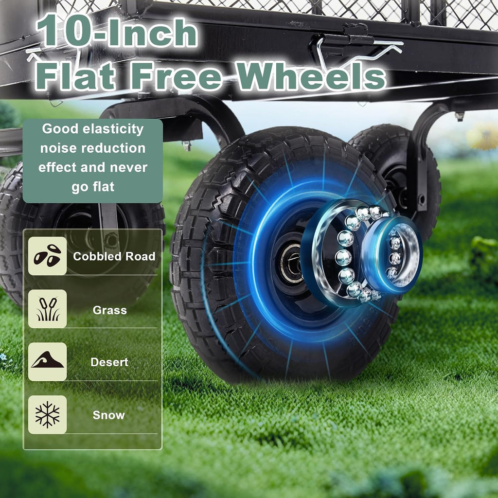 Heavy Duty Garden Wagon Cart - 880 LBS Steel Utility Cart with All-Terrain 3.50-4" Solid Wheels, 10" Tires, 180°