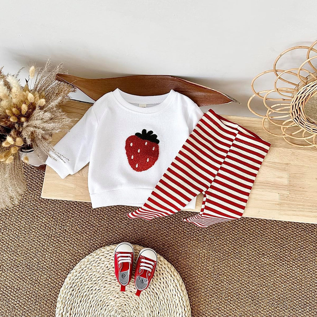Baby Girls' And Toddler Long Sleeve Active Shirt and Pant, 2 Piece, Strawberry & Lemon Embroidery Top + Stripe Pants