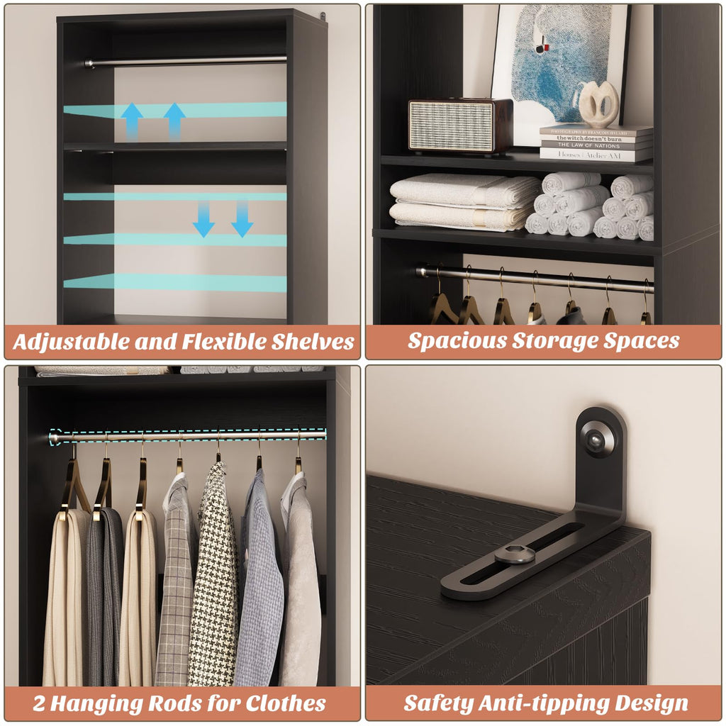 25" Closet Organizer System with Hanging Rods and Shelves, Black
