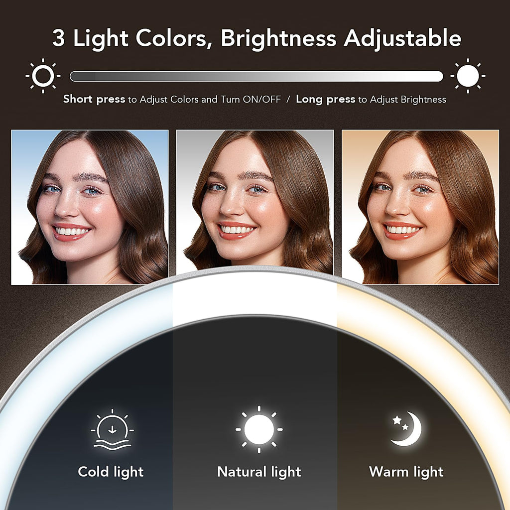 Travel Makeup Mirror with Lights, Rechargeable Double-Sided 10X/1X Magnifying Mirror, Portable Lighted Beauty Mirror