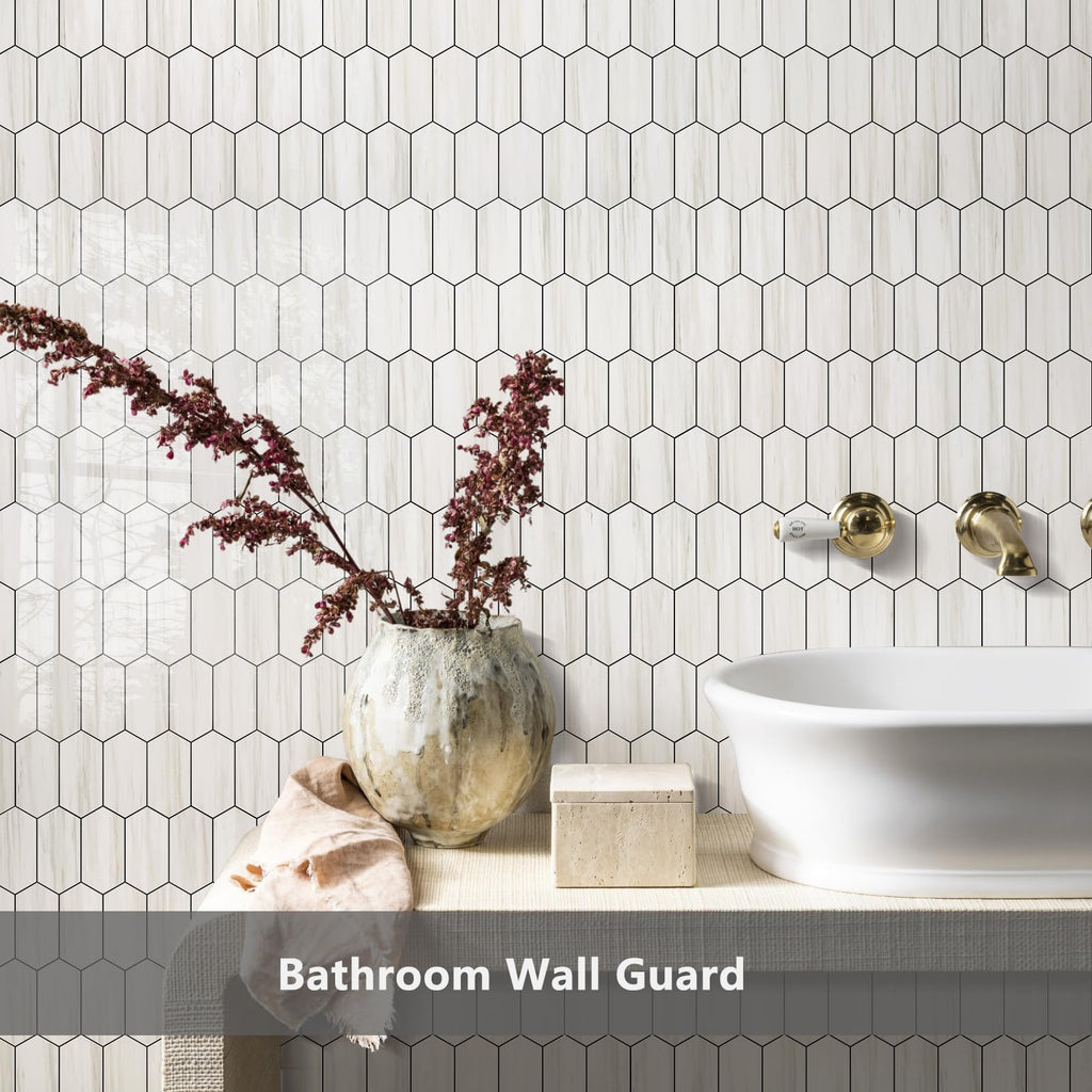 Long Hexagon Peel and Stick Backsplash Tile - 10 Sheets Stick on Backsplash 12.4 x 12 Inch Glossy Dolomite White PVC