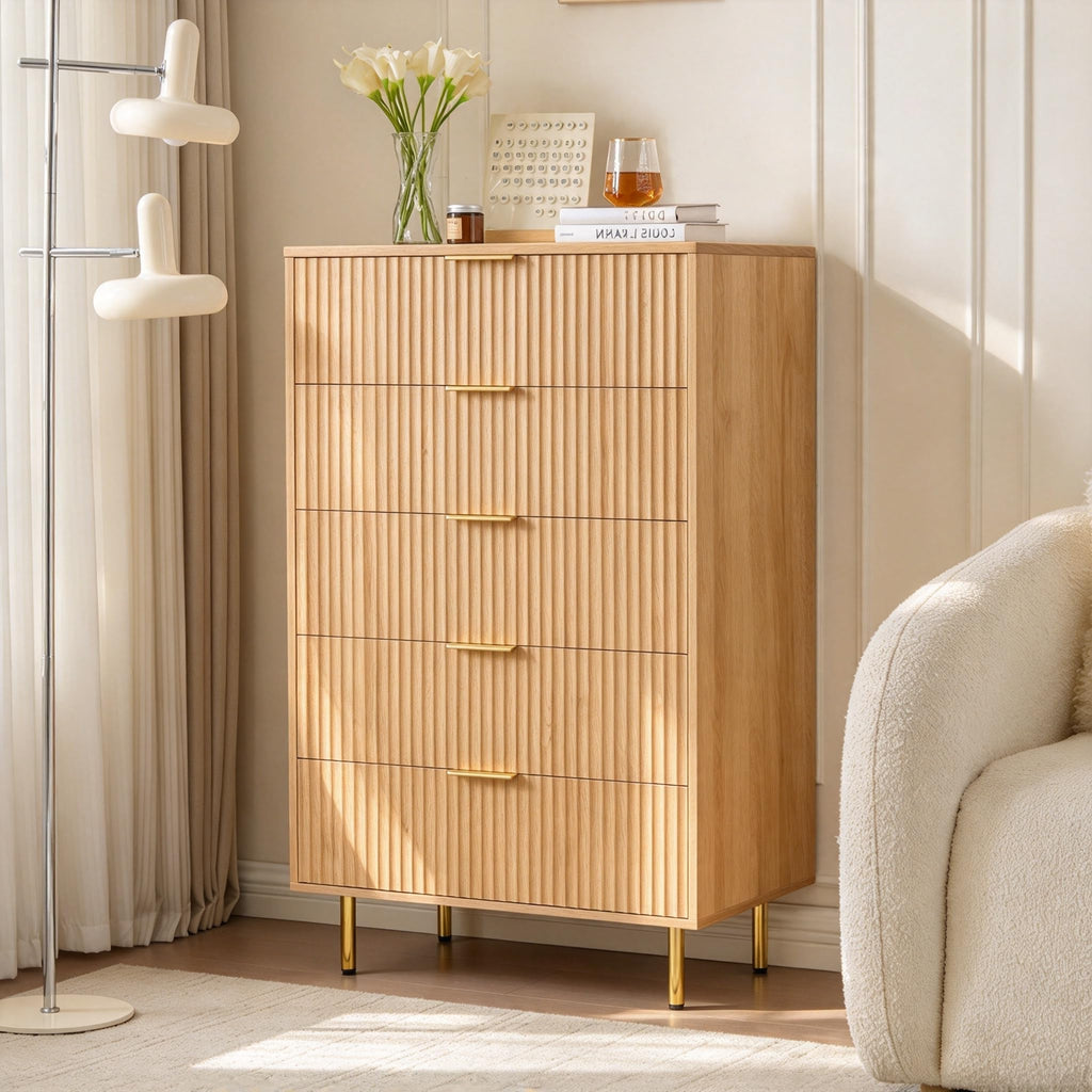Fluted 5 Drawers Bedroom Dresser, 48" Tall Chest of Drawers Gold Handle, Oak