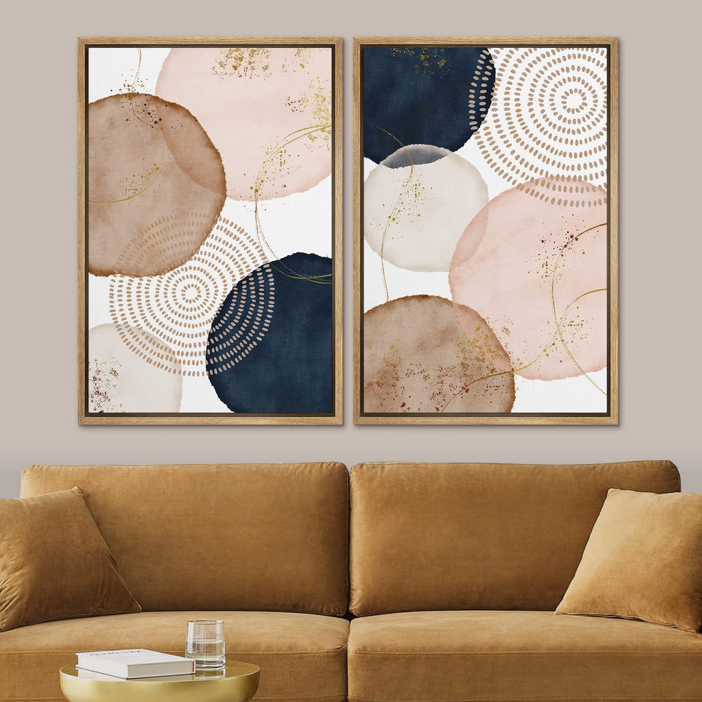 Framed Wall Art Print Set Pastel Watercolor Vibrant Circle Collage Abstract Shapes Illustrations Modern Minimalist