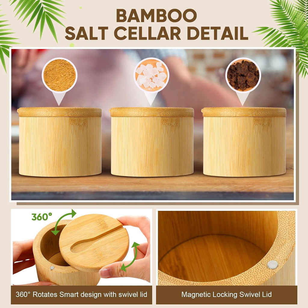 6oz Bamboo Salt Cellar Salt Container with Magnetic Swivel Lid & Spoon Bamboo Storage Box Bowl Elegant Kitchen - Set of 6