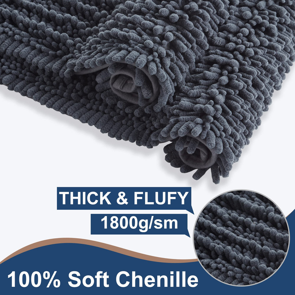 Luxury Chenille Charcoal Grey Bathroom Rugs Sets 2 Piece, Thickened Hot Melt Rubber Bottom Bath Mats Non Slip, Bath