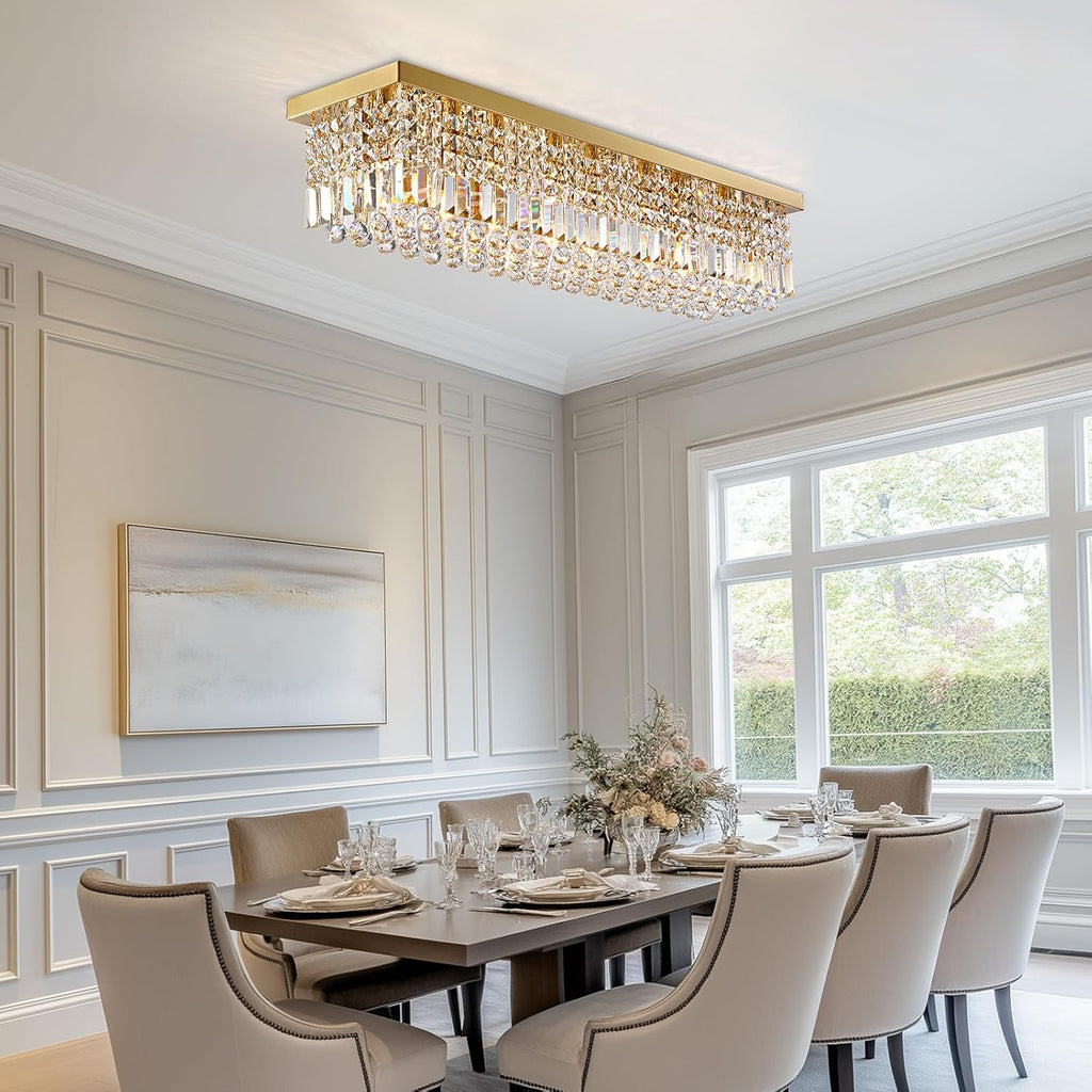 Rectangle Chandelier 8-Light Crystal Chandeliers, Modern Dining Room Light Fixture Luxury Gold Rectangular Flush