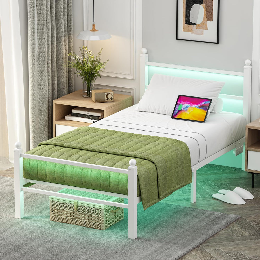 Twin Size Bed Frames with Charging Ports&LED Lights,Heavy Duty Metal Slats Support,No Box Spring Needed,Noise Free,No