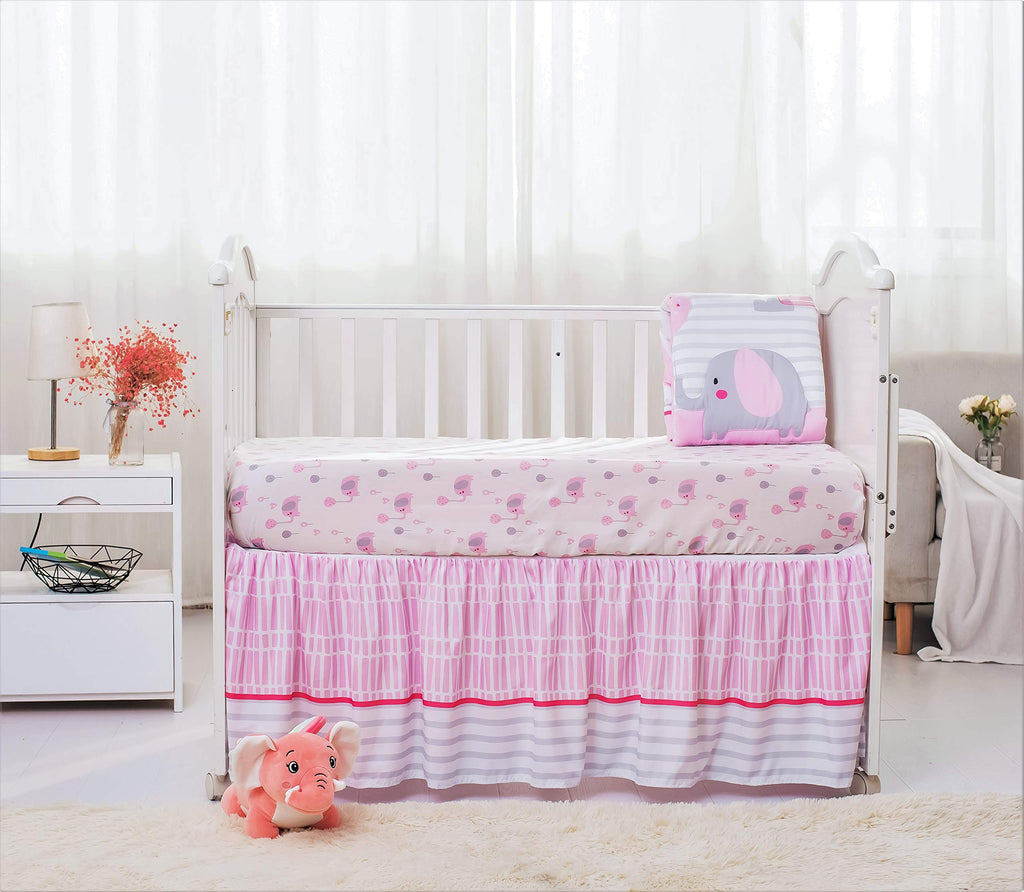Baby Crib Bedding Set for Girls, Pink Elephant & Love Balloons 3 Piece Standard Size Nursery Crib Set for Baby Girls