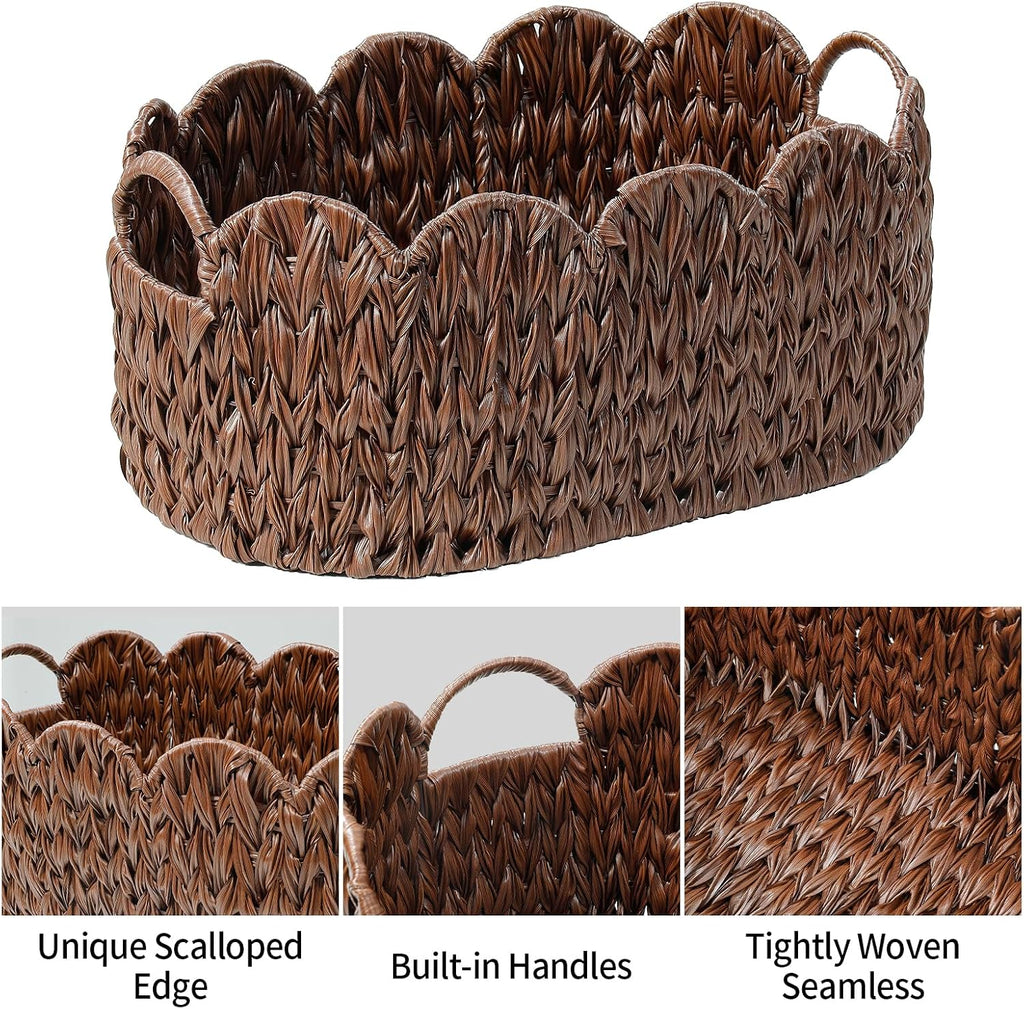Wicker Scalloped Basket Set of 2,Woven Storage Baskets for Shelves,Closet,Laundry,Gift,Towels,Books,Toys,Waterproof