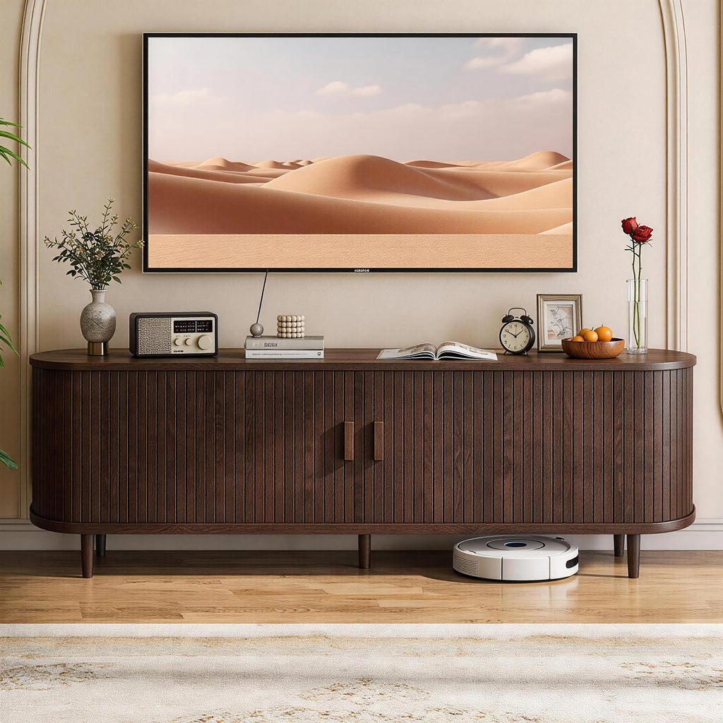 58" Mid Century Modern TV Stand with Power Outlet, Fluted Entertainment Center with Storage and Adjustable Shelves