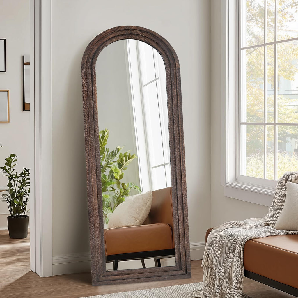 58x22 Arched Full Length Mirror, Solid Wood 3 Layer Frame, Brown