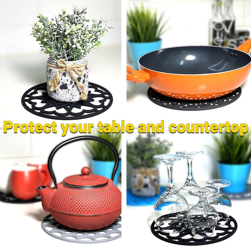 3 Set Silicone Trivet Mats with 1 Extra Large Included | Intricately Carved Insulated Flexible Durable Non Slip Thick