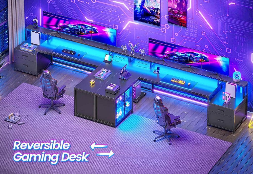 78.7" Large L Shaped Gaming Desk with Drawers, LED Light | Reversible Corner Computer Desk with Storage Shelves