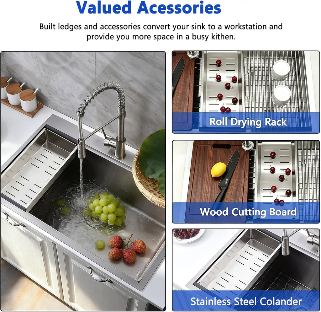 33x22 Inch Drop Sink, Single Bowl Workstation Handmade Farmhouse Topmount Stainless Steel Kitchen Sink with Dish