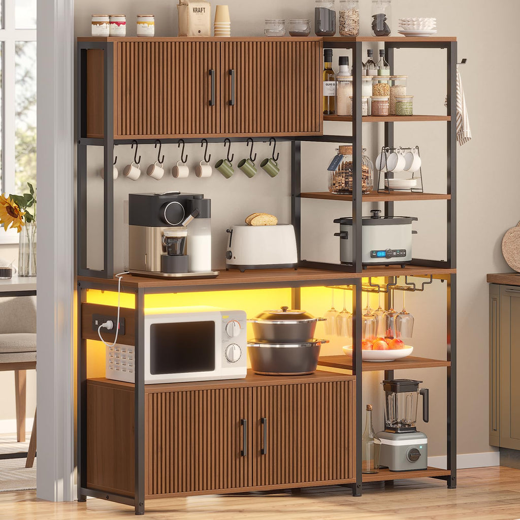 Fluted Bakers Rack with Storage and LED Light, 45.3 Inch Coffee Bar Cabinet, Microwave Stand with Storage, Goblet