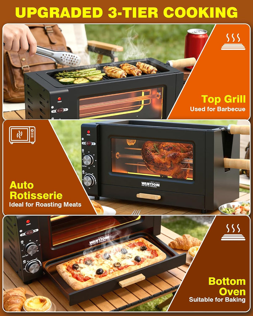 Electric Rotisserie Oven - 26QT 3-Layer 3-in-1 Rotisserie Oven For Simultaneous Cooking, 360°Auto-Rotate Heating