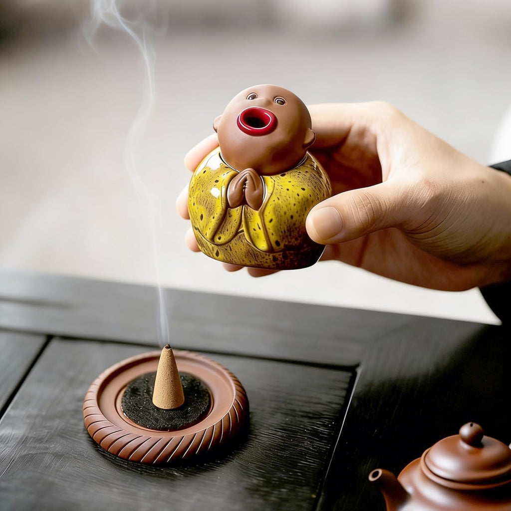Ceramic Buddha Incense Cone Holder, Monk Burner for Unique Zen Home Decor
