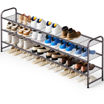 Long 3 Tier Shoe Rack for Closet Wide Shoe Storage Organizer Stackable Metal Shoe Shelf for 24 Pairs Men Sneakers