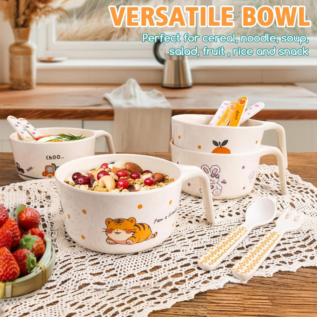 Kids Dinnerware Set of 7+ 4 Bamboo Kids Bowls with Utensils