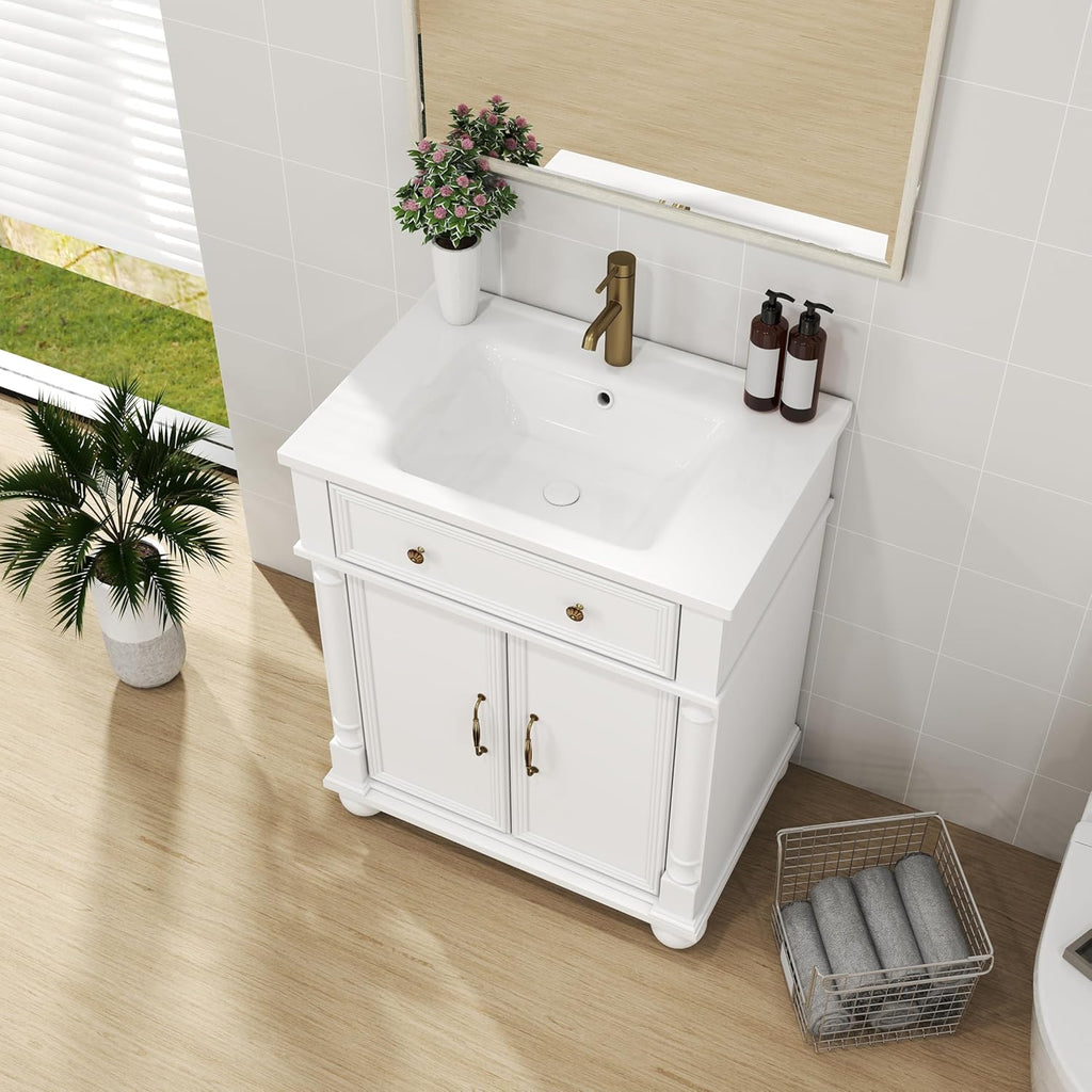 28" Mid-Century Bathroom Vanity with Sink - Green Solid Wood with Roman Column Base