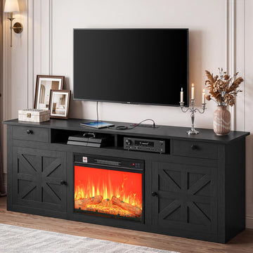 Farmhouse TV Stand with Fireplace for 75" TVs, Black
