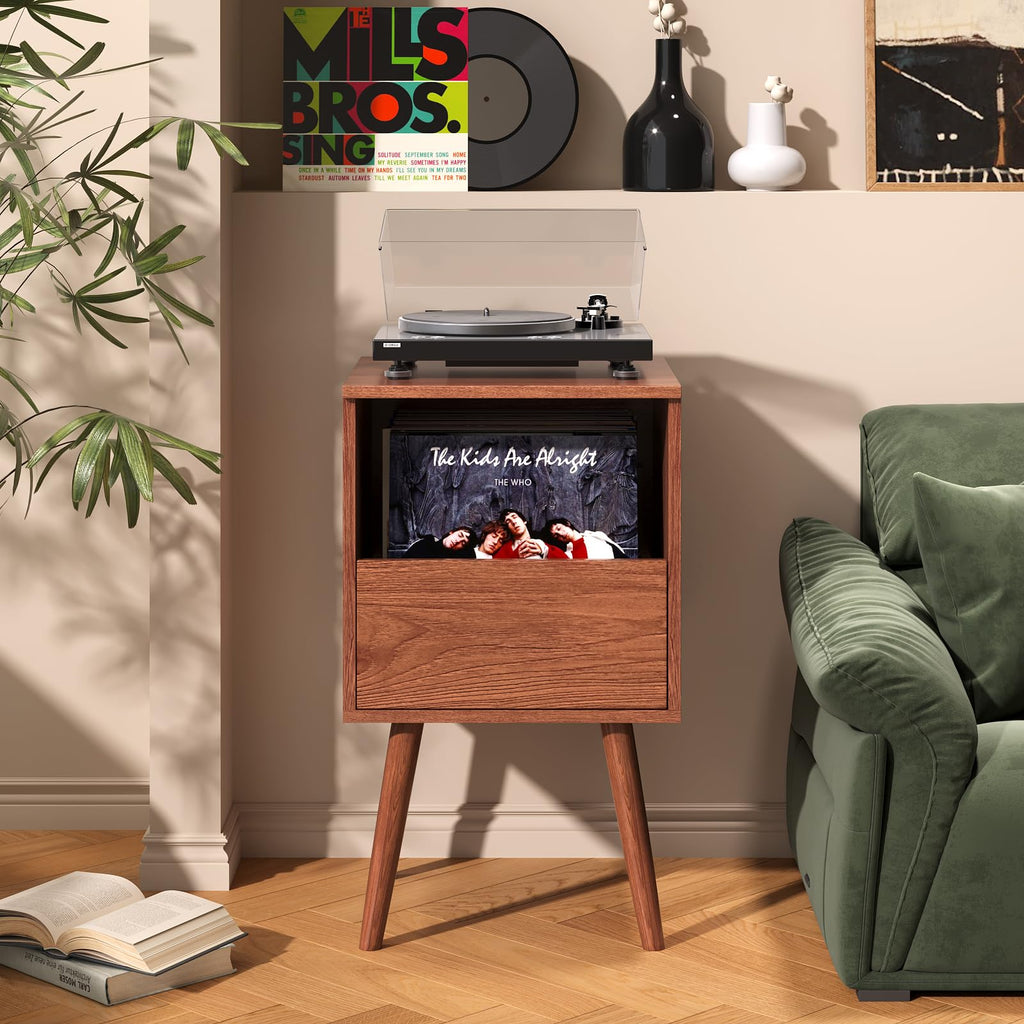 Mid Century Modern Record Player Stand with Vinyl Storage, Brown