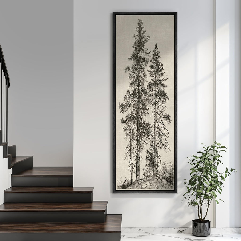 Large Framed Canvas Hand-Drawn Pine Trees Monochrome Illustrations Modern Art Calm Warm - 60"x20"