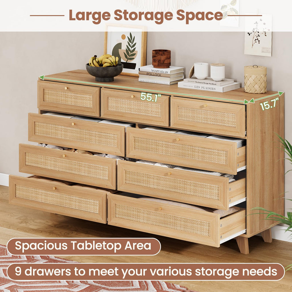 Rattan, 9 Drawer with Natural Rattan Drawers, Wooden Tall Cabinet with Gold Handles, Modern Closet Storage Chest of