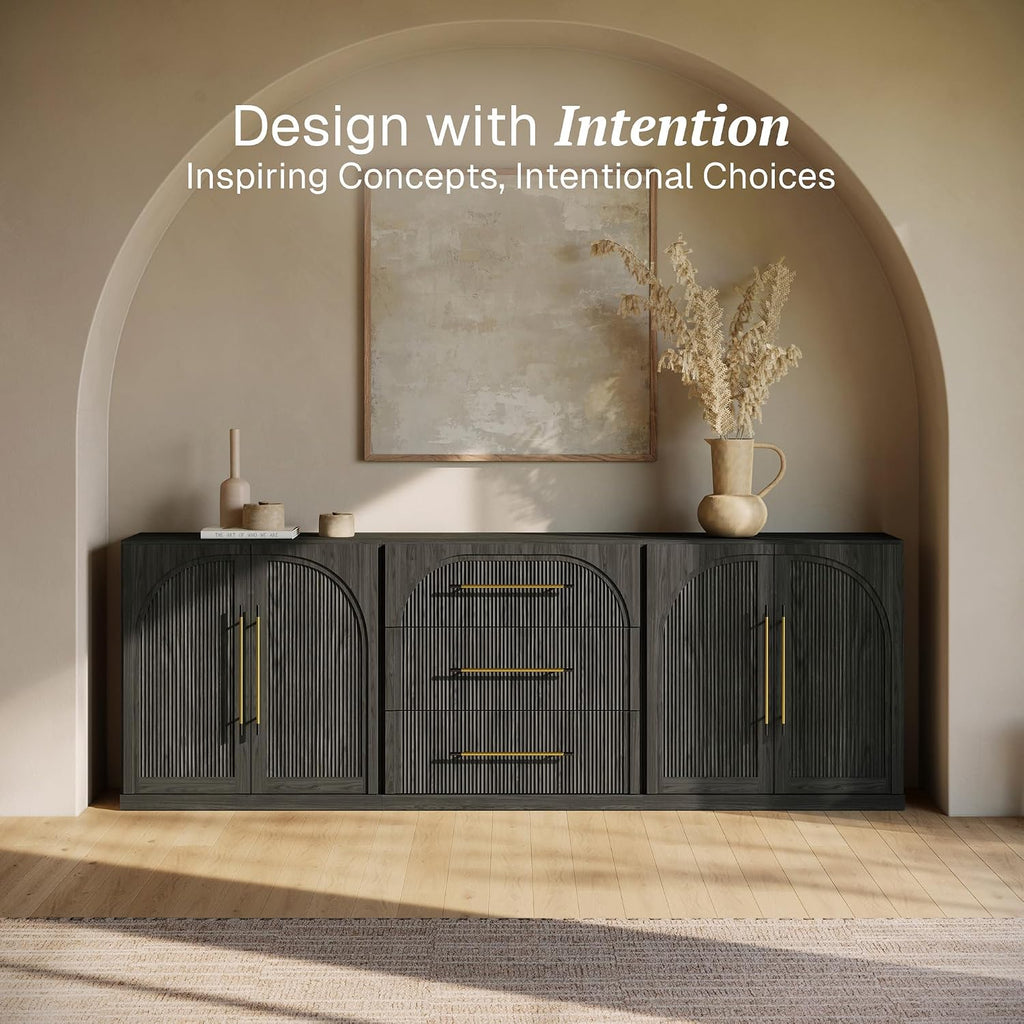 Jagger 3-Piece Modular Sideboard Buffet Cabinet - Ebony | Set of 3 Freely Configurable,Arched Wood Door,Storage