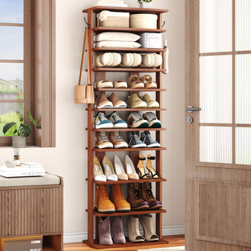 10-Tier Corner Shoe Tower - Double Rows, Slim Shoe Stand for 20 Pairs - Entryway, Hallway, Closet (Walnut)