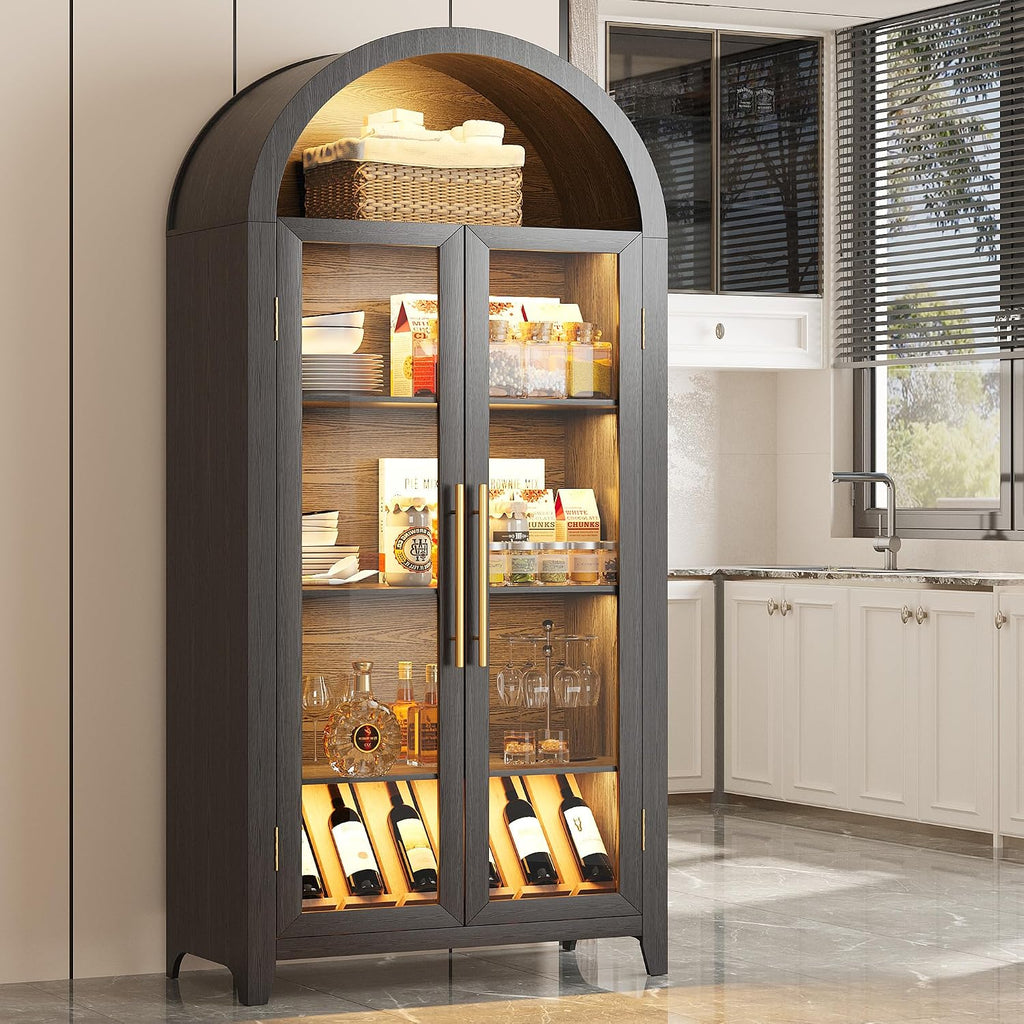Arched Display Cabinet with Glass Doors and LED Light, 71" Tall | 5 Tier Curio China Cabinet, Adjustable Shelf