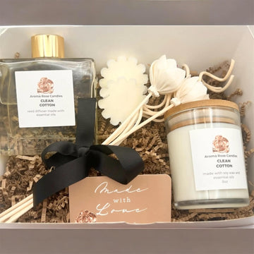 Clean Cotton Gift Set with Reed Diffuser, Soy Wax Candle, Essential Oils, Decorative Flowers, Luxury Home Fragrance - Set of 3