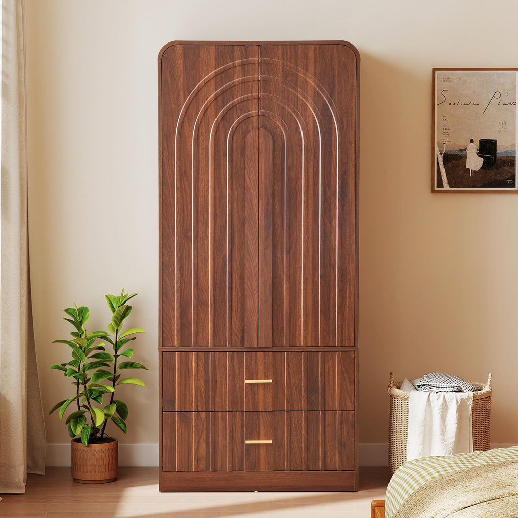 Freestanding Armoire Wardrobe Closet with Arched Fluted 2 Doors and 2 Storage Drawers, Large Capacity Wardrobe