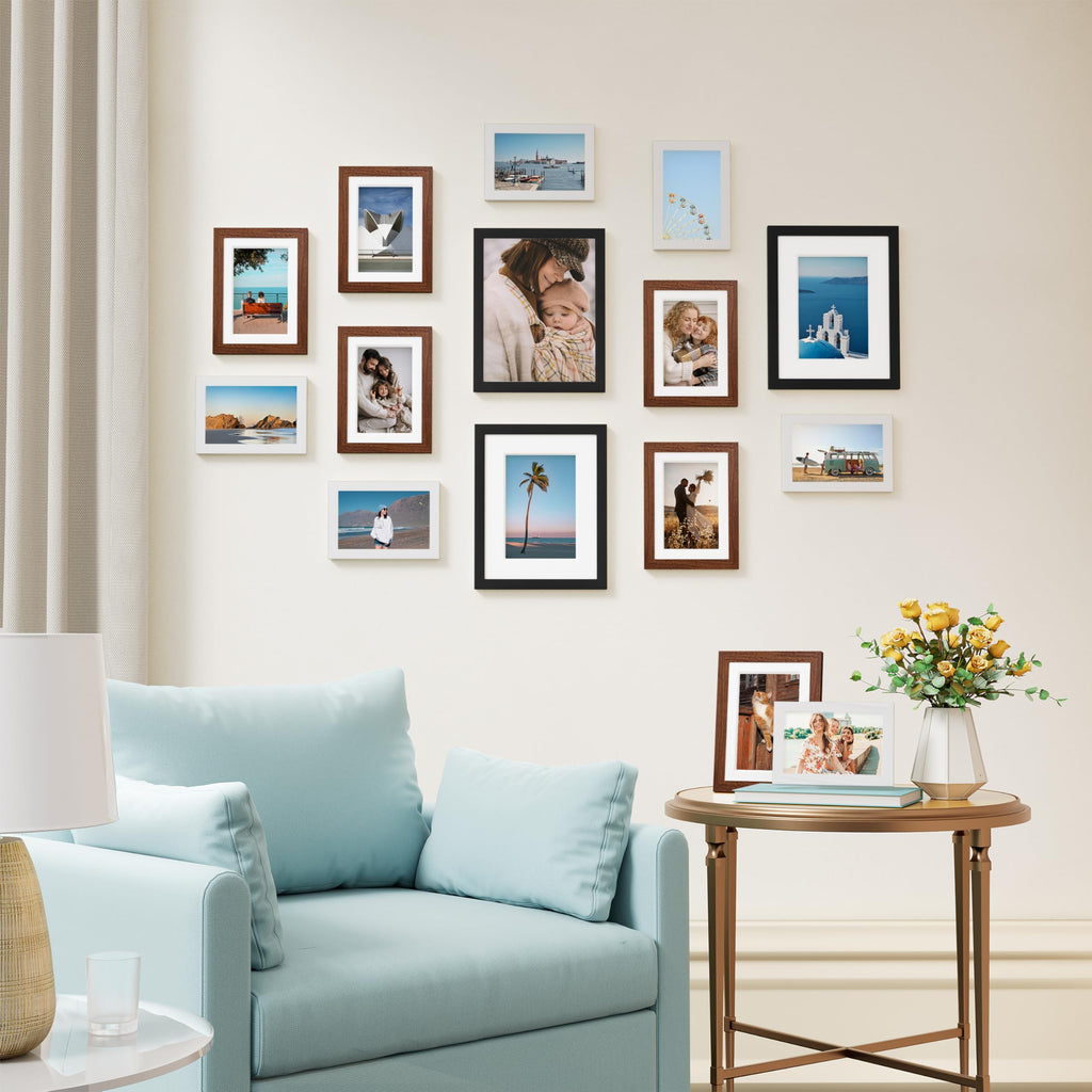 15 Pack Gallery Wall Frame Set, Black, Walnut Brown, White
