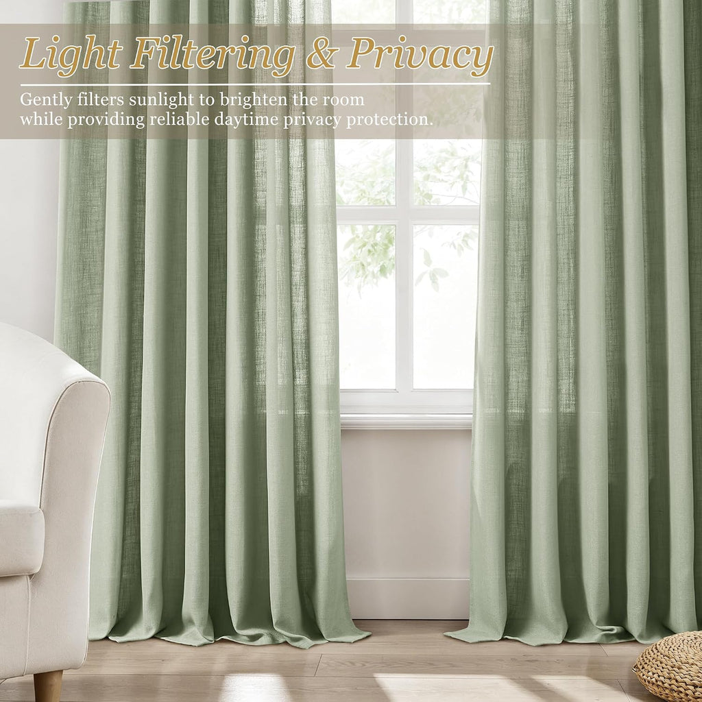 Privacy Pinch Pleated Linen Curtains W70xL102 Inch 1 Panel for Living Room Bedroom Light Filtering Semi Sheer Sage