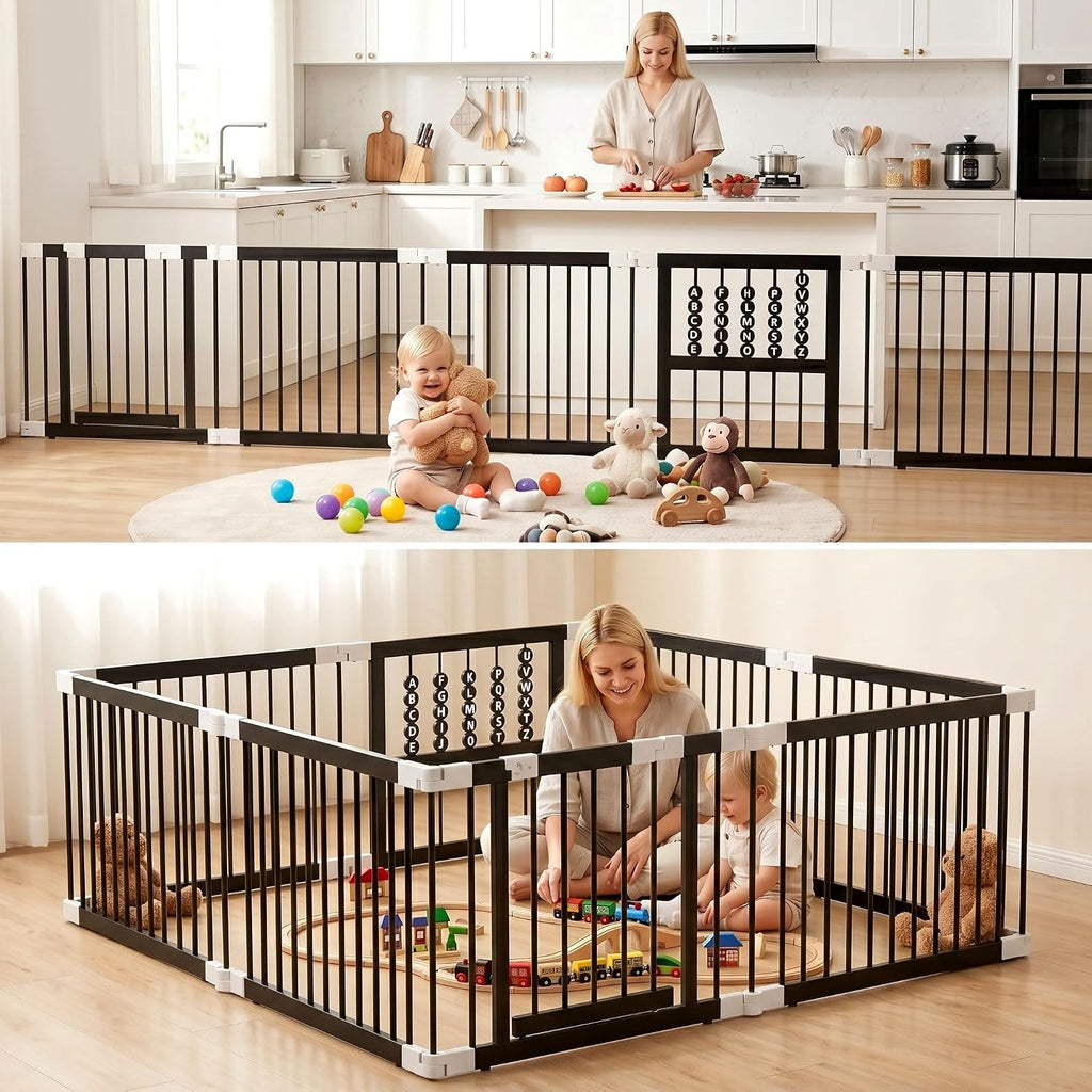 Bamboo Baby Playpen 64x64x26-8 Panel Adjustable Multi-Shape Large Play Yard for Toddlers with Locking Gate