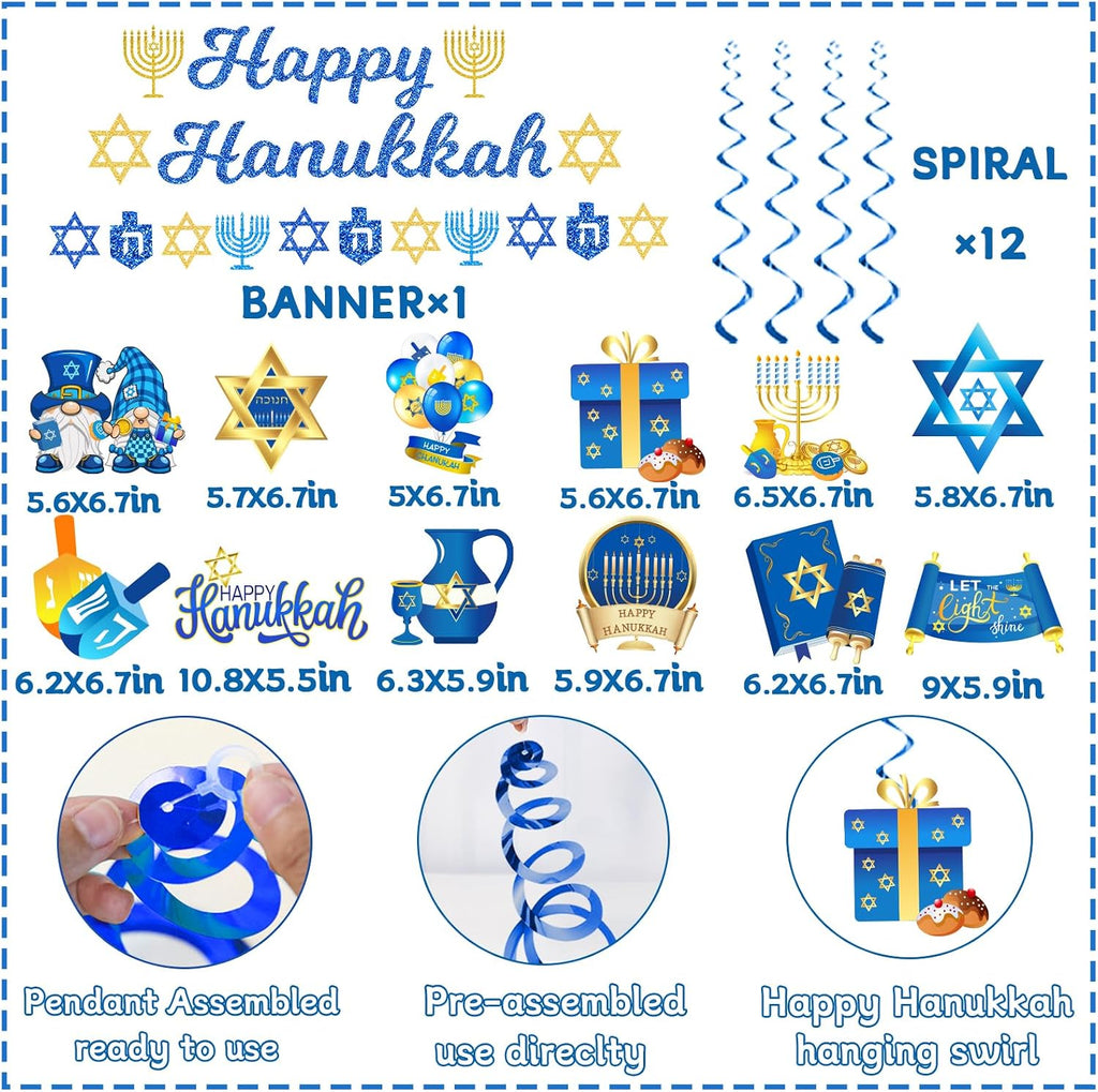 Hanukkah Decorations, Chanukah Party Decor includes Happy Hanukkah Banner Star of David Dreidel Garland and Hanging - Set of 15