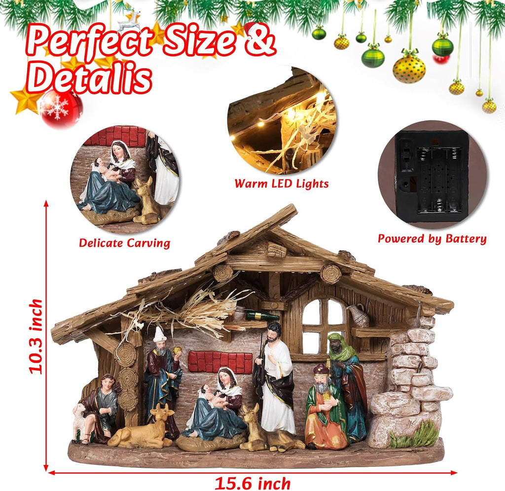 Nativity Scene with Manger, Resin Nativity Sets Figurine with LED Light and Music, 15.6 Inch Holy Family Lighted
