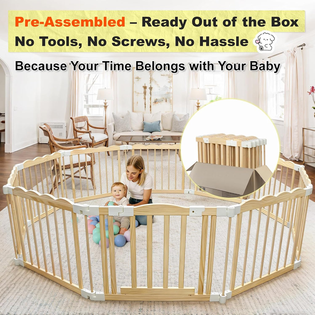 Foldable Wooden Playpen for Babies and Toddlers, Pre-Assembled Baby Playpen, Solid Wood Indoor Play Yard, Large Baby