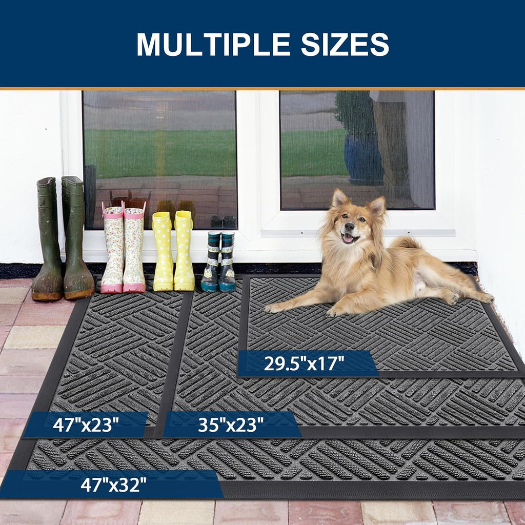 Front Door Mat Outside Entrance, Natural Rubber Doormat, 47x23 Inch | Grey, Non Slip, Trap Dirt and Moisture, Easy
