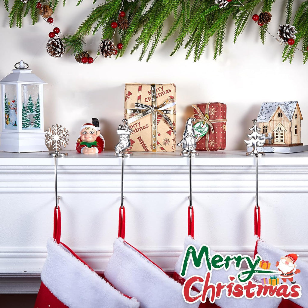 Christmas Stocking Holders for Mantel Set of 4, Non-Slip Adjustable Mantle Stocking Holders, Snowflake Snowman