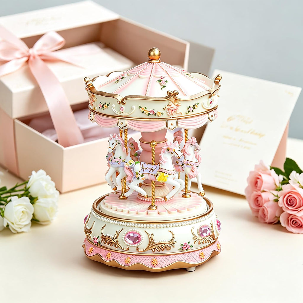Pink Carousel Music Box with Rotating Horses and LED Light