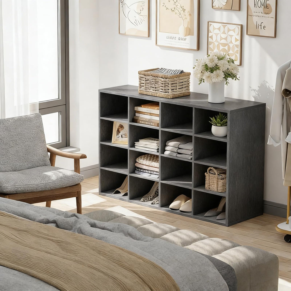 Shoe Storage Bench, Cubby Shoe Rack with 16 Cubbies, 4-Tier Wood Shoe Rack Organizer, Shoe Organizer Cabinet, Closet