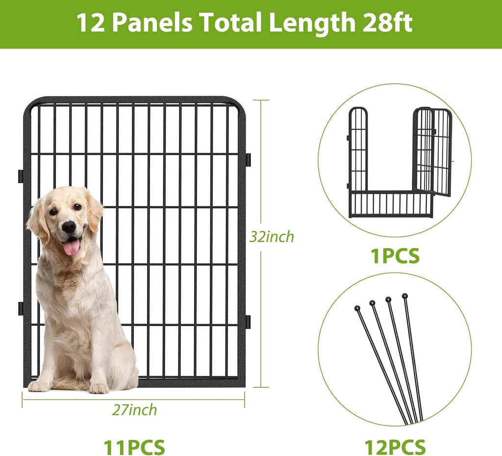 Decorative No Dig Fence Panels Metal Garden Fence with Gate, 28ft(L) x 32in(H) Garden Fencing for Dogs Rabbits