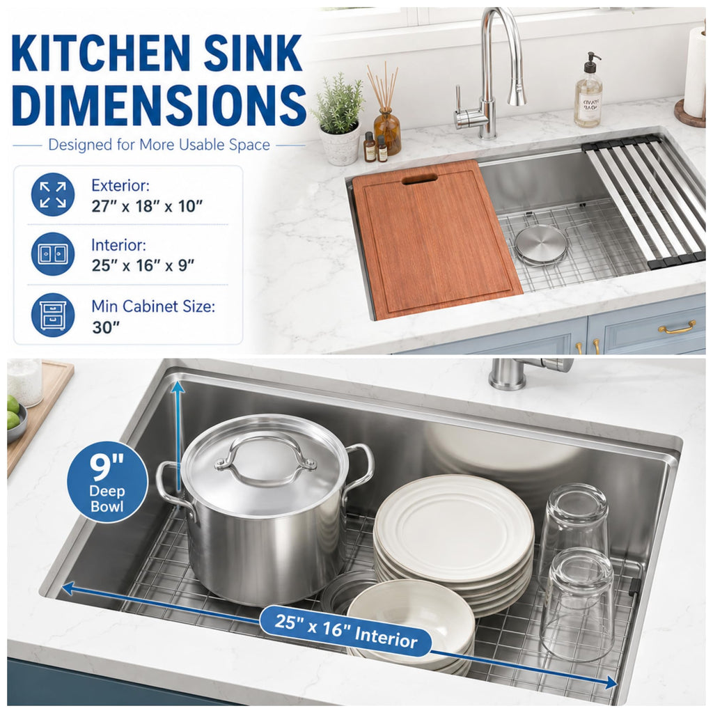 Undermount Kitchen Sink 27 X 18 inch, Single Bowl Workstation Sink
