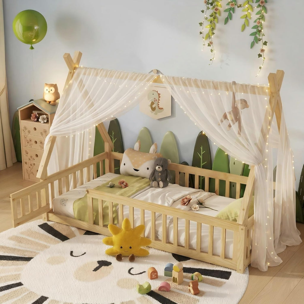 Twin Floor Bed for Kids Tent-Shaped Montessori Floor Bed with Slats and Guardrails Twin Size Wood Teepee Bed Frame