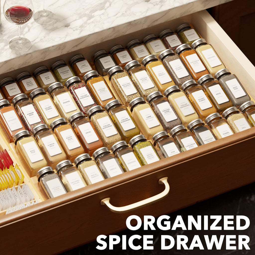 Bamboo Spice Drawer Organizer, (Need 3" Deep Drawer) Expandable 4 Tier Spices Rack for Cabinet, Kitchen Seasoning