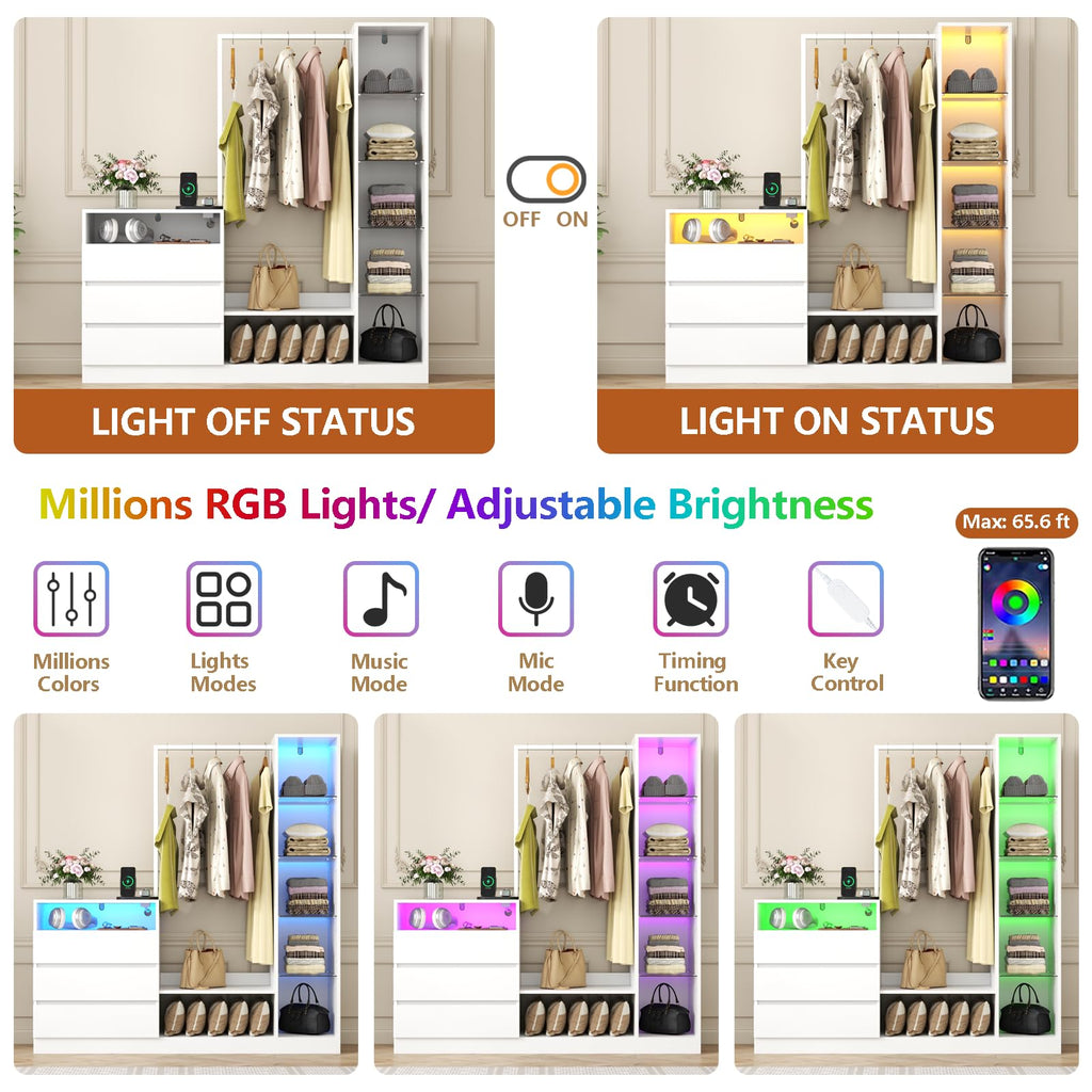 Dresser with Hanging Rack, 3 Drawers Dresser with Charging Station & LED