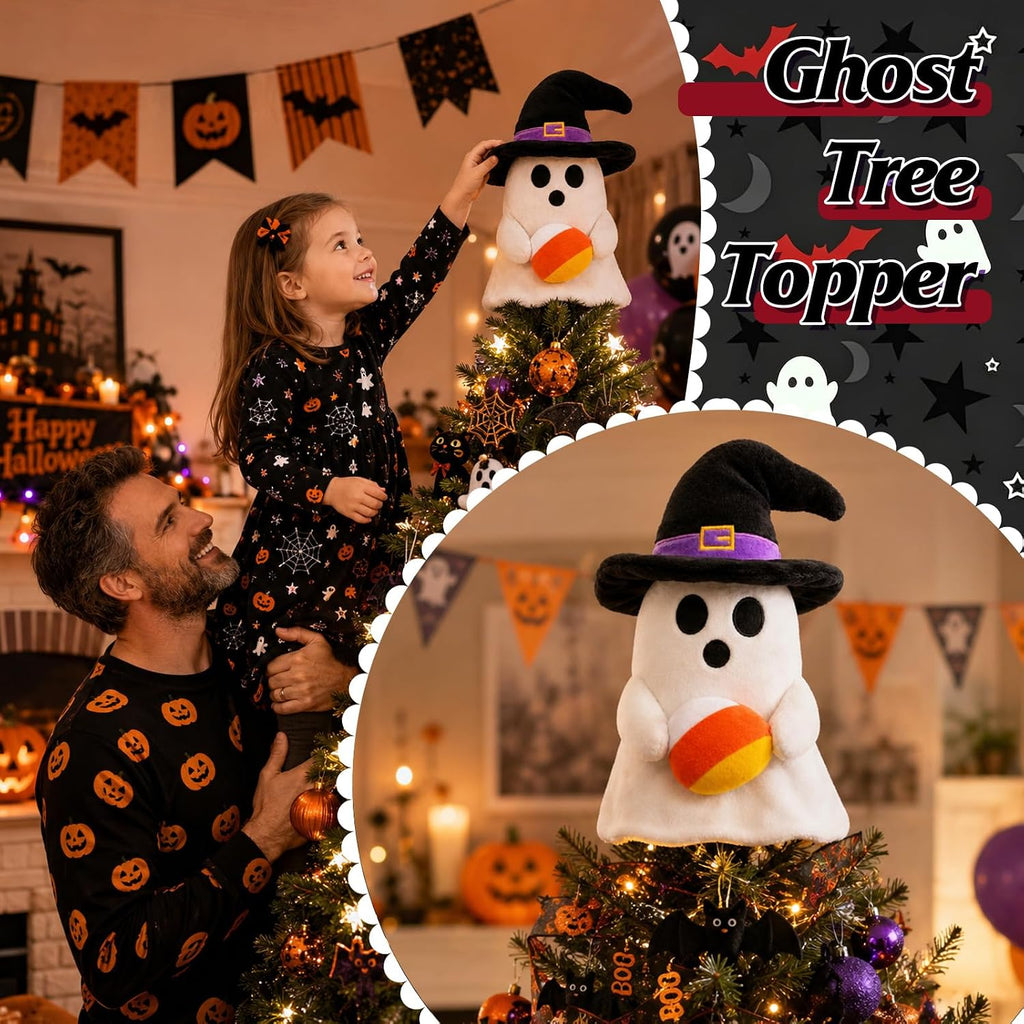 11'' Halloween Ghost Tree Topper with Witch Hat and Candy Corns